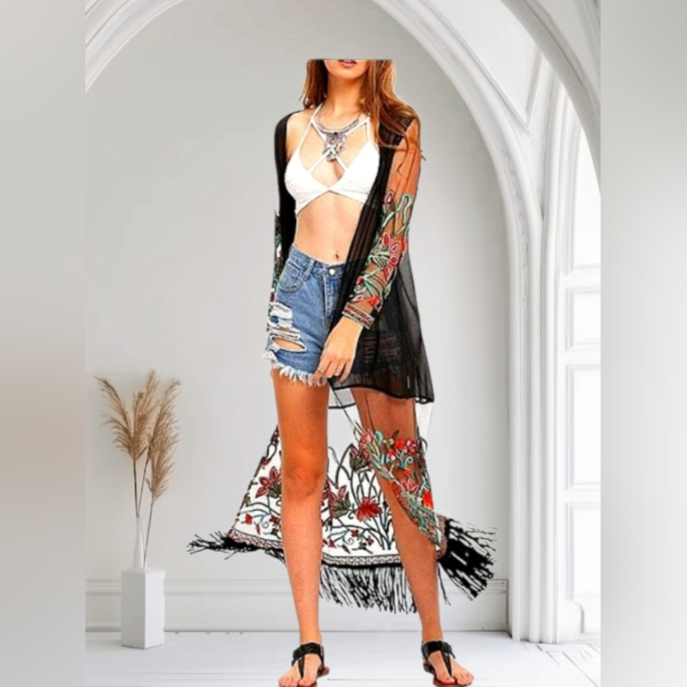 BLACK SHEER BOHEMIAN STYLE EMBROIDERY CARDIGAN NEW BOUTIQUE ITEM SIZE XS